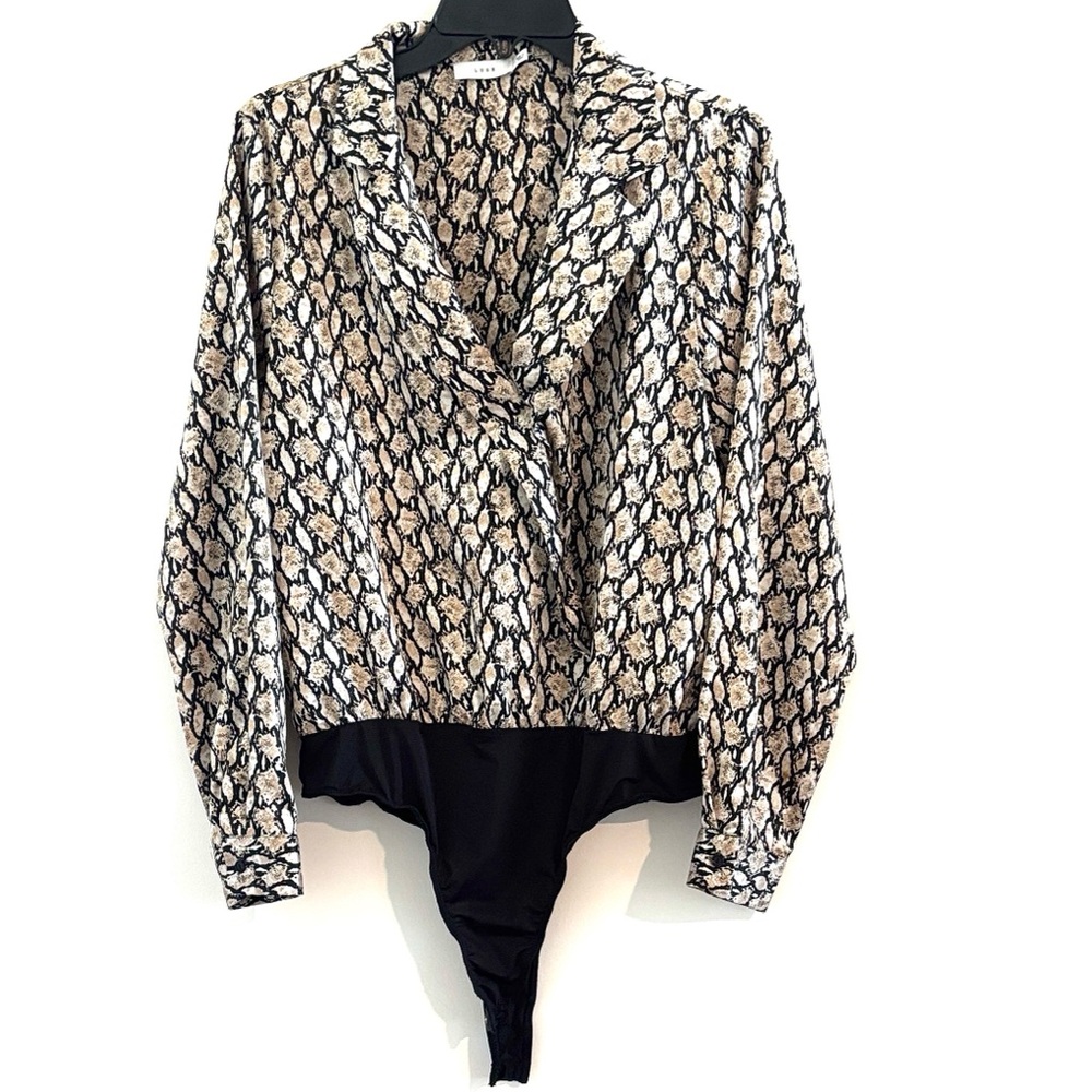 Lush Kalene Notch Lapel Bodysuit SZ L Snakeskin Print Career Top Blouse